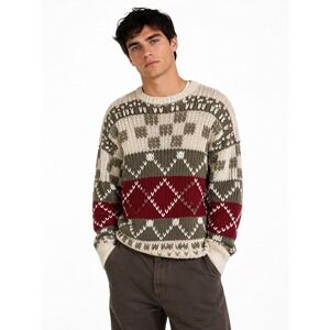 Vtg Pattern Knit Sweater L Chunky Fair Isle Colorful Cabin Grandpa Hong Kong